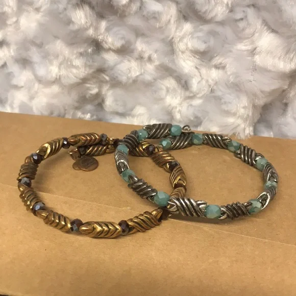 Woven metal Artesian bracelets BOHO with glass stones beautiful metal set of 2 - Picture 2 of 15